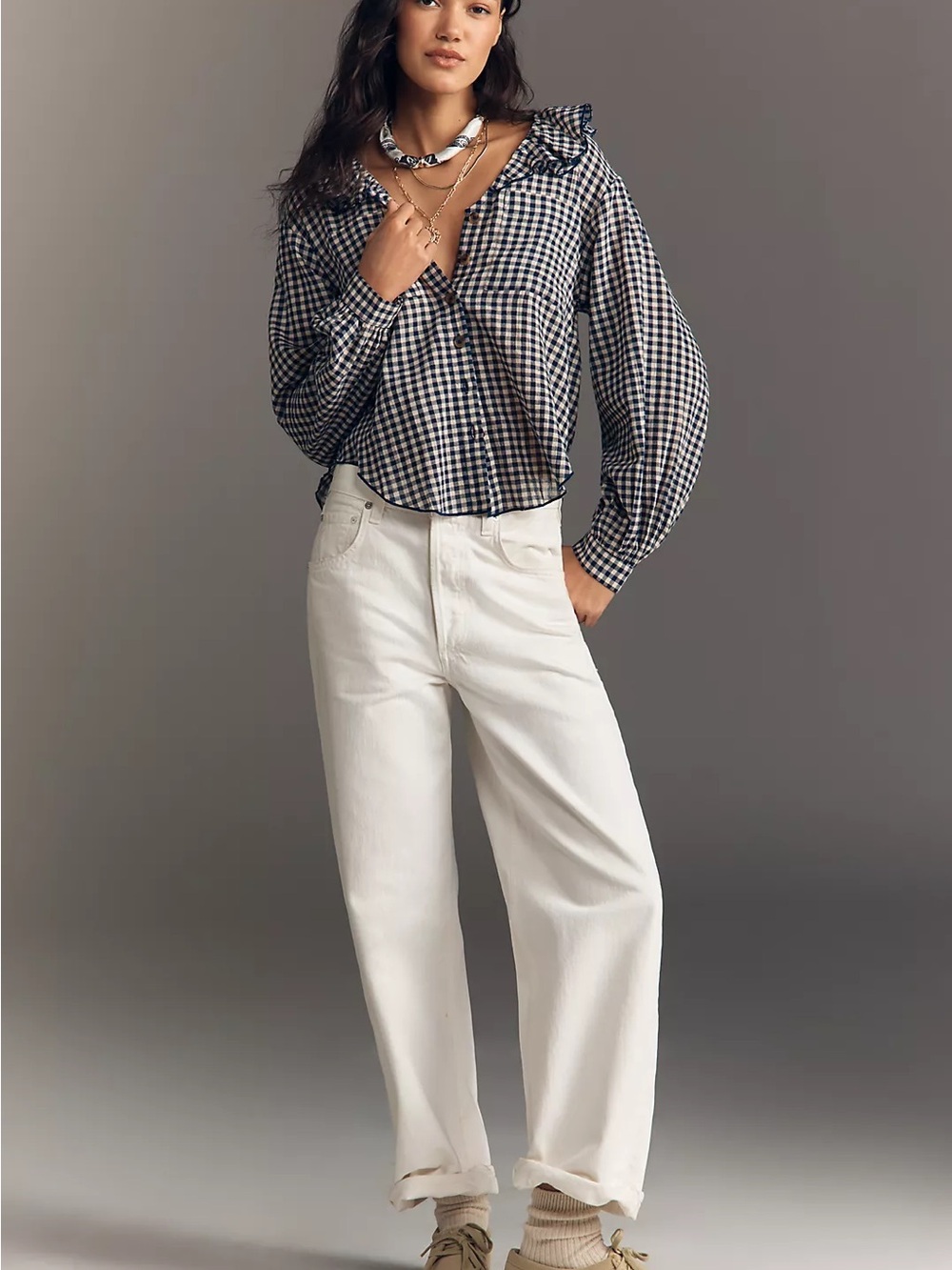 Pilcro Remy Gingham Ruffle Collar Button-Front Womens Top in Navy and Cream - Picture 3 of 6